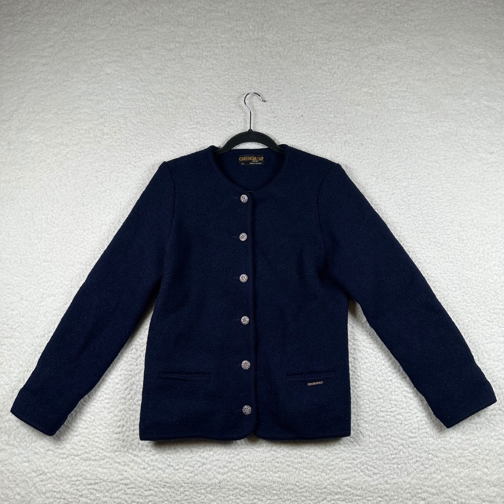 Geiger Austria Boiled Wool Women 42 Jacket Cardigan Sweater Navy Blue Academia